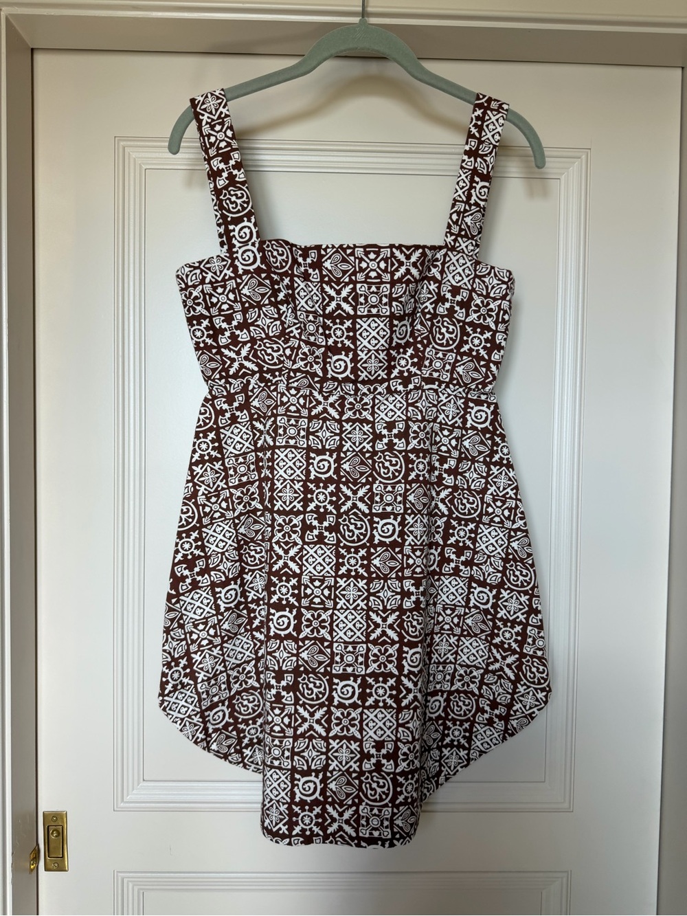 Brown and White Printed Mini Sundress with Square Neck